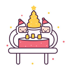 Cartoon Santa Characters at Festive Table with Gifts and Yellow Christmas Tree