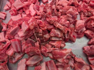 Raw pork spareribs cuts displayed for sale 