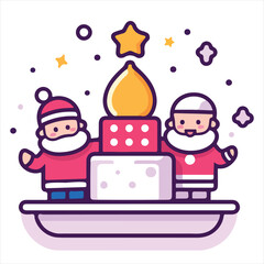 Festive Cartoon Santa Characters with Two-Tiered Cake, Candle Flame, and Holiday Decorations