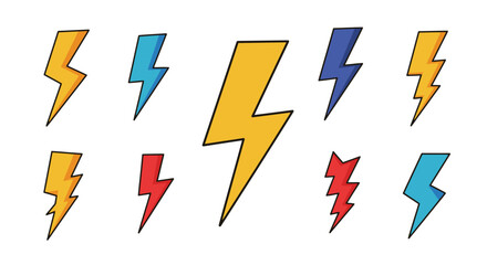 Colorful cartoon lightning bolts scattered across a plain white background