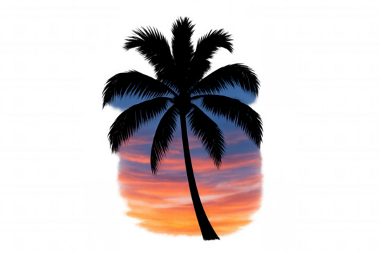 Palm tree silhouette outlining a vibrant sunset sky, creating a tropical island and summer travel concept. Transparent background - Powered by Adobe