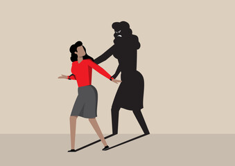 A woman is physically pushing against a dark, menacing shadow figure