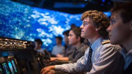195Navigator demonstrates flight path on digital screen, students seated nearby in simulator-style environment, focused atmosphere with ambient glow of instruments - Powered by Adobe