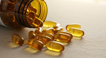 Omega-3 Gold Capsules Spill from Bottle Nutritional Supplement for Health and Wellness