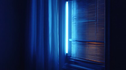 A single blue light stick emits a neon glow, creating a tranquil atmosphere in a dimly lit room with vertical blinds.