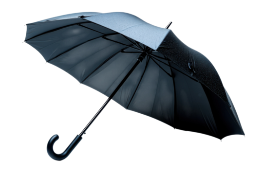 Open black umbrella with raindrops against a providing protection from the weather elements on transparent background