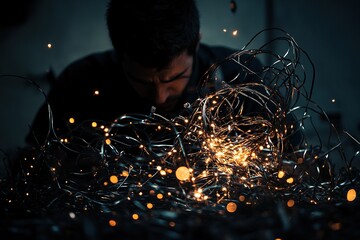 frustration as tangled wires sparking in a dark room