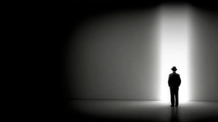 Fototapeta premium A solitary man stands in a dark room, spotlight highlighting his figure, creating an intense dramatic visual effect.
