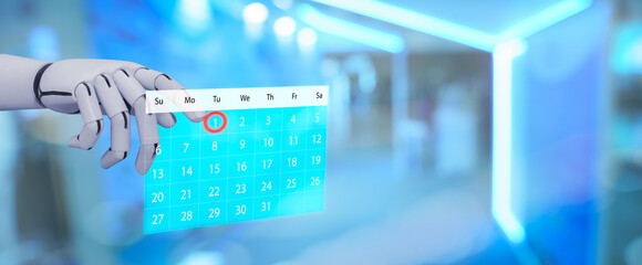 AI robotic hand interacting with digital calendar interface, symbolizing automation, scheduling, productivity management, and future technology for smart business planning and time efficiency.