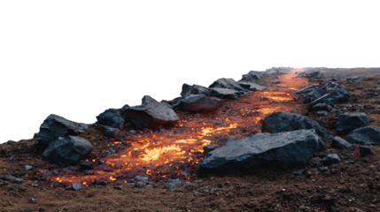Glowing molten lava flowing over dark volcanic terrain, surrounded by blackened rocks and ash, isolated die-cut 