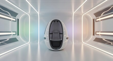 Naklejka premium Sleek Futuristic Personal Relaxation Pod in White Sci-Fi Corridor