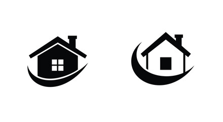 Two simple house icons embraced by curved shapes black on white
