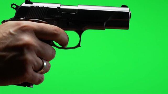 hand holding pistol gun green screen