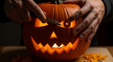 Carving a Spooky Jack O Lantern Face for Halloween Night Decorations