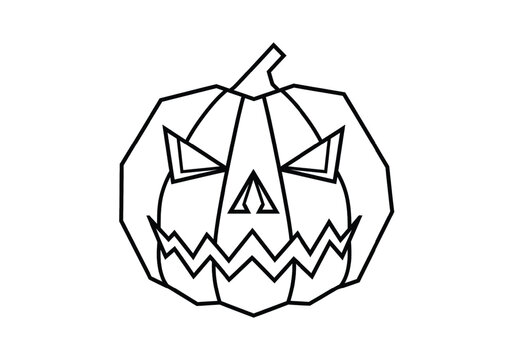 A black and white line drawing of a jack o lantern with a spooky face on a black pixelated background