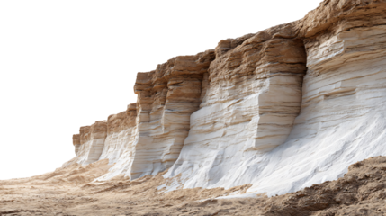 A layered cliff or escarpment in a desert-like setting, featuring light brown and chalky white rock, rising from a sandy  foreground isolated die-cut 