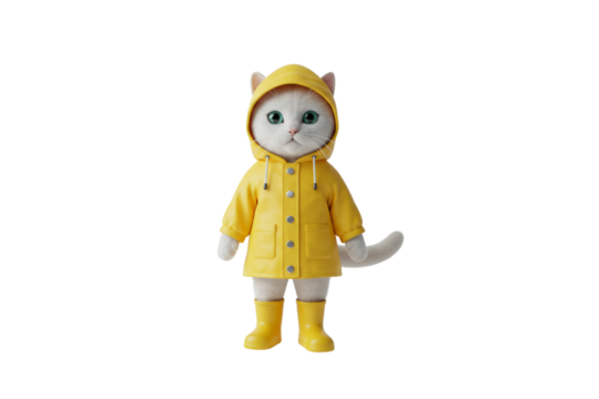 A white cat wearing a bright yellow raincoat and small matching boot