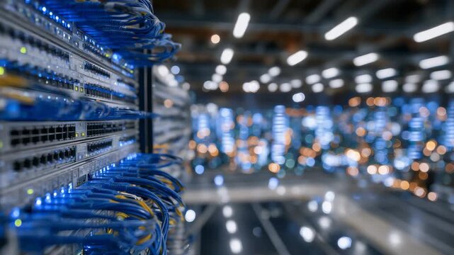 Detailed view of network switch panel, neatly arranged blue and yellow cables inserted, blinking lights conveying active data flow and technological precision
