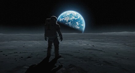 An astronaut stands on a desolate lunar surface, gazing towards the illuminated, vibrant blue and green planet earth suspended in the vast, star-filled expanse of space, symbolizing exploration and...