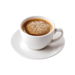 Fototapeta premium A white cup of hot coffee with foam on a saucer isolated on transparent background