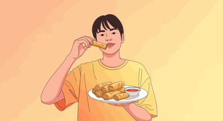 Boy Enjoying Crispy Spring Rolls With Dipping Sauce Cartoon Illustration
