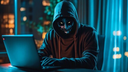 Digital Phantom: A figure, cloaked in a hooded sweatshirt, their face obscured by a mask with piercing eyes, intently focuses on a laptop illuminated by the night's glow.