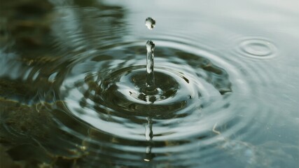 A water droplet creates ripples on a calm surface, capturing the moment of impact and reflection.