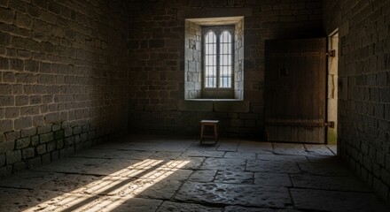 Fototapeta premium Old Stone Room with Small Wooden Stool and Sunlight Streaming Through Window