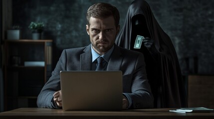 Shadowy Deal: A man engrossed in his laptop, unaware of the sinister figure lurking behind him, offering a bribe. This image explores themes of corruption, betrayal, and temptation.