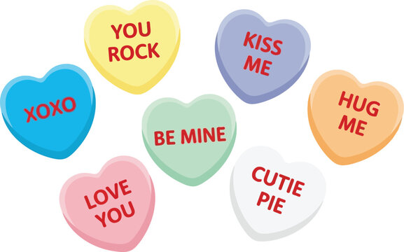 Seven colorful valentine candy hearts with different phrases on them editable vector file