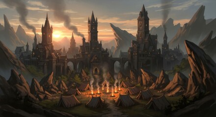 Naklejka premium Fantasy Medieval Castle Scene with Tents and Mountain Backdrop at Sunset