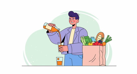 Obraz premium Man Pours Orange Juice After Shopping For Fresh Groceries