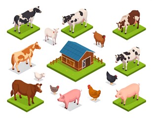 Isometric farm animals and barn on a grassy lot