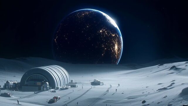 Advanced technological outpost positioned on lunar terrain, featuring curved habitat modules and exploration vehicles. Small human figures navigate snowy surface during dramatic earthrise