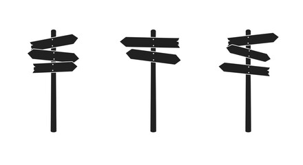 A collection of simple black wooden direction sign posts isolated on white © Siam Studio