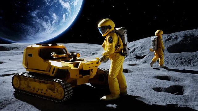 Specialized tracked vehicle navigates challenging lunar terrain with two astronauts, capturing detailed surface exploration with distant earth perspective and rugged crater environment.