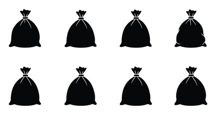 Eight black silhouette sacks arranged in a grid on a white background