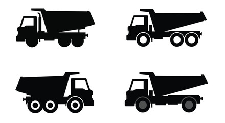 Black silhouette icons depicting various angles of heavy duty dump trucks