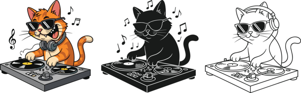 DJ Cat Spinning Records Vector Illustration