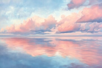 Naklejka premium peace as calm waters reflecting soft pastel clouds