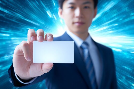 Business Card Presentation: A composed businessman in a sharp suit offers a blank business card, inviting viewers to envision opportunities and connections. The dynamic backdrop hints at a vibrant.