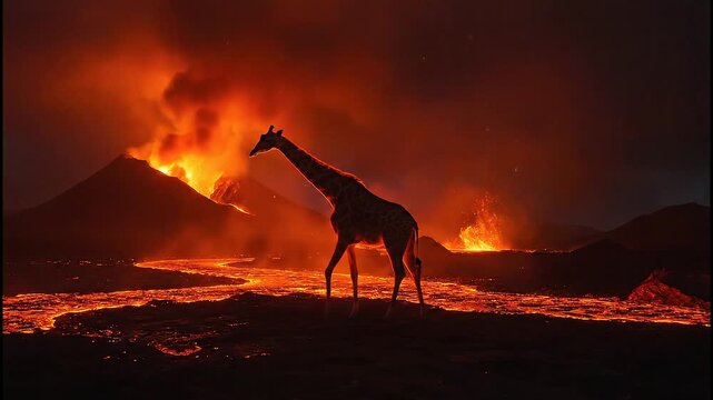 Giraffe Silhouetted Against Fiery Landscape - A Dramatic Wildlife Scene.