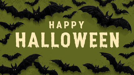 Halloween-themed illustration featuring numerous black bats flying against a textured green background, with bold lettering saying Happy Halloween, creating a spooky atmosphere for festive celebration
