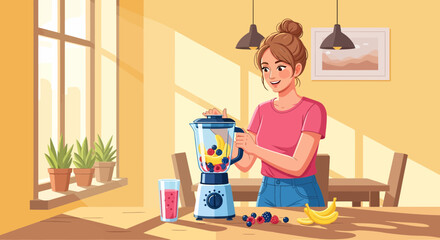 Young Woman Prepares A Fresh Fruit Smoothie At Home In Her Kitchen