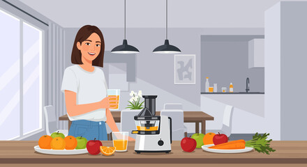 Young Woman Making Fresh Juice At Home In Modern Kitchen