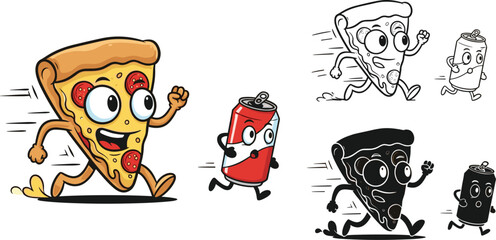 Pizza Slice and Soda Can Racing Vector Illustration