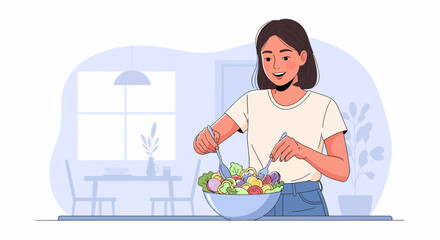 Young Woman Prepares A Healthy Salad In Her Kitchen