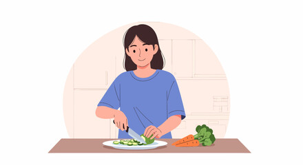 Young Woman Preparing A Healthy Meal In Kitchen With Vegetables