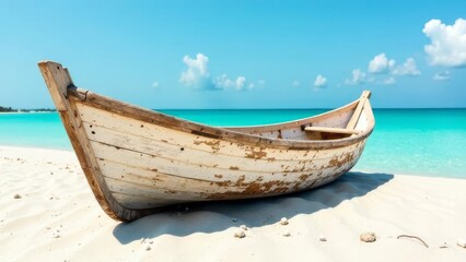 An old wooden white boat on white sand by the shore of a turquoise sea on a clear, sunny day. Clouds are in the background