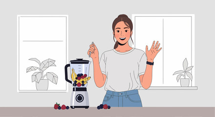 Young Woman Preparing Healthy Smoothie In Kitchen At Home